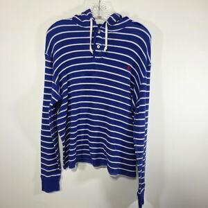 Polo Ralph Lauren Hoodie Mens Large Blue White Stripe Waffle Grid Knit Henley